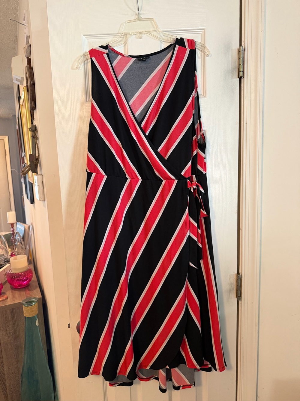 Torrid Black & Red/Coral Striped Faux-Wrap Midi Dress
